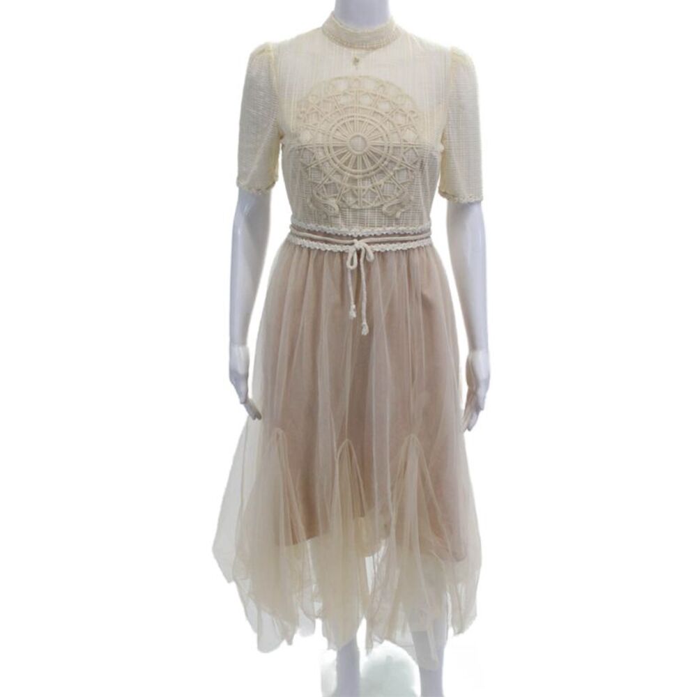 Alex Vinash, Women Fit & Flare Dress Beige High Neck Short Sleeve Long Size M